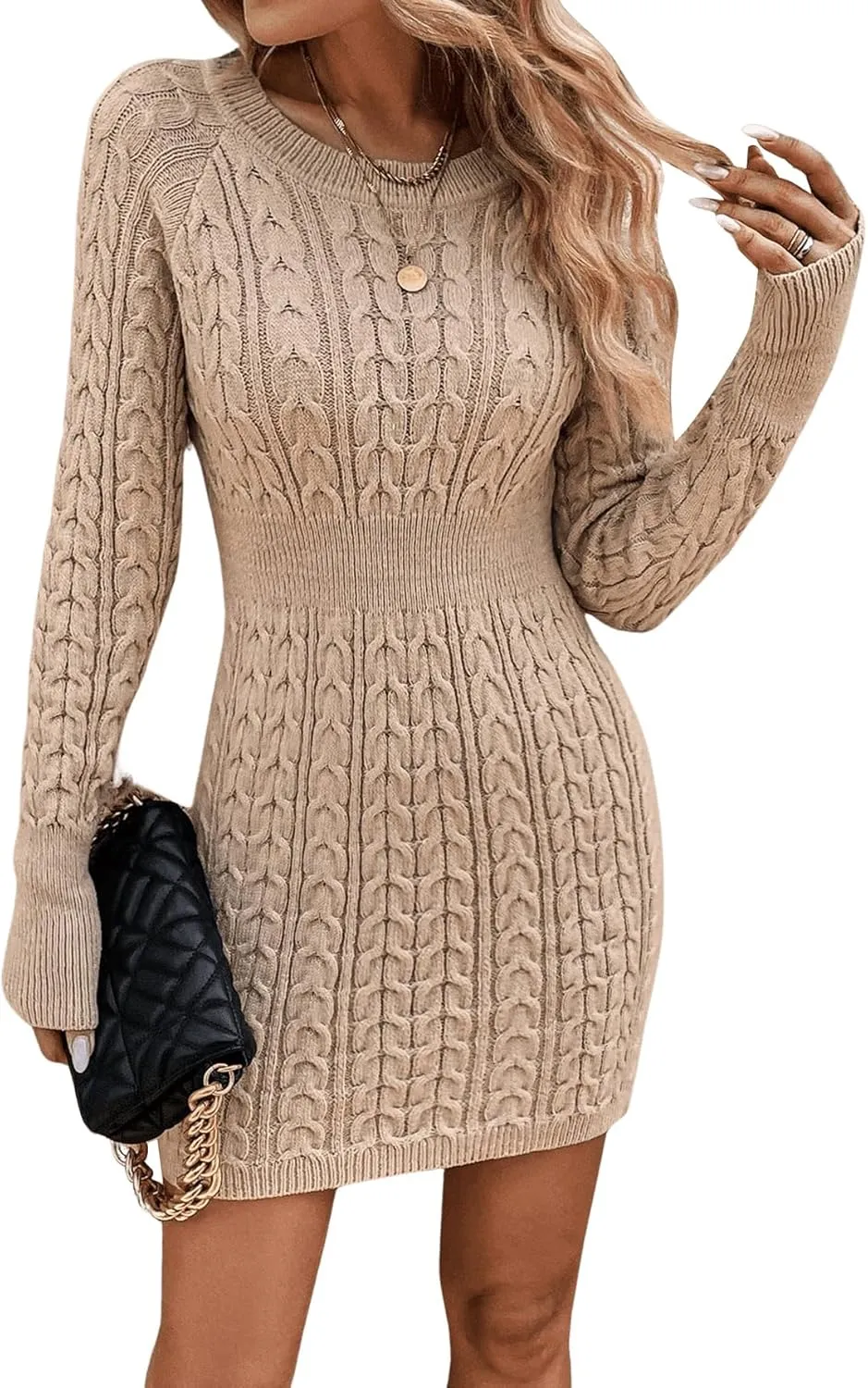 GORGLITTER Women's Cable Knit Sweater Dress Long Sleeve Knit Winter Dresses Crewneck Mini Pencil Dresses