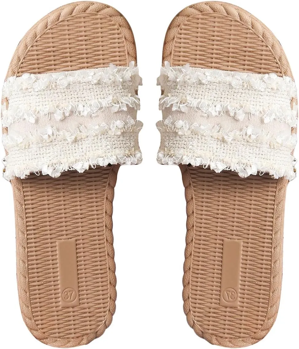 GORGLITTER Women's Pearls Beaded Straw Flat Sandals Braided Beach Open Toe Slip On Slide Sandals