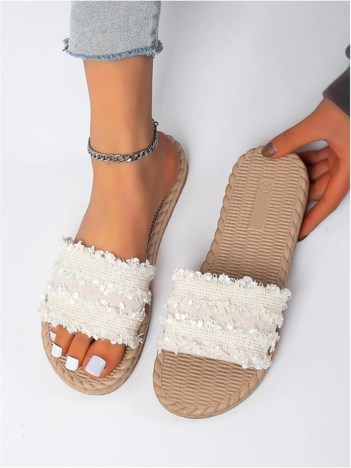 GORGLITTER Women's Pearls Beaded Straw Flat Sandals Braided Beach Open Toe Slip On Slide Sandals
