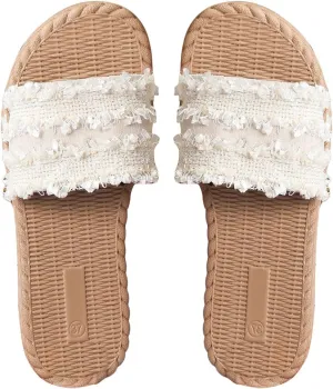 GORGLITTER Women's Pearls Beaded Straw Flat Sandals Braided Beach Open Toe Slip On Slide Sandals