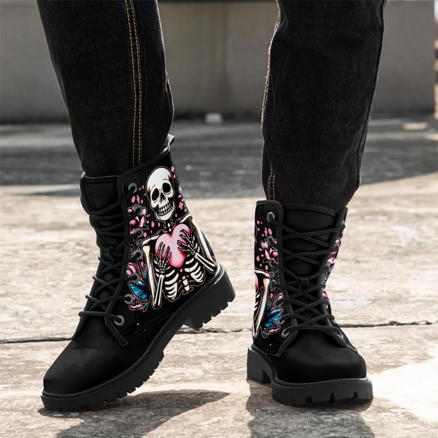 Gothic Lolita Women's Ankle Boots - Black, Round Toe, Block Heel, Lace-Up Booties - Gothic Boots Model
