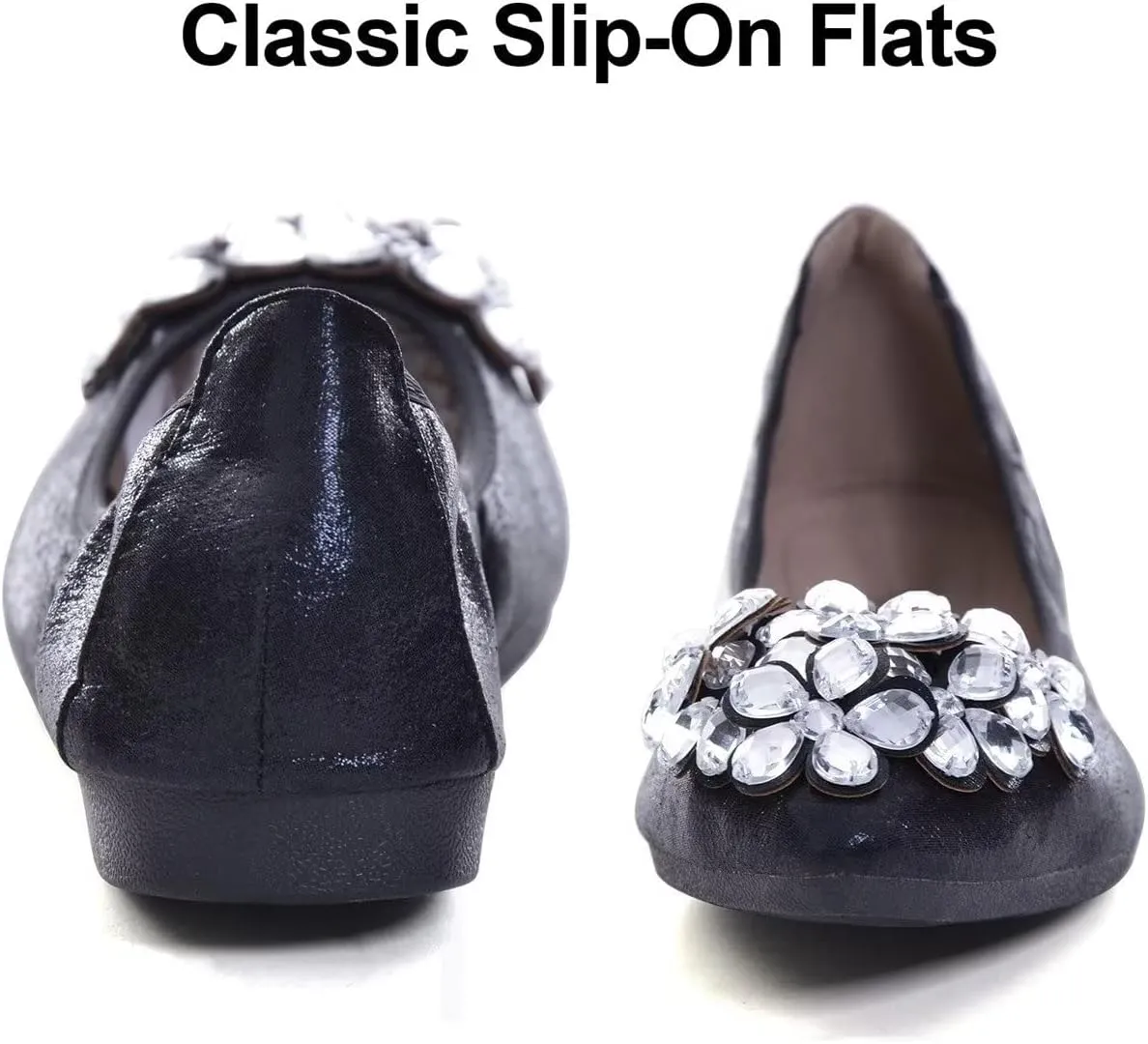 Hee grand Women Foldable Ballet Flats Bling Rhinestones Soft Leather Pointy Toe Flats Sparkle Wedding Dress Shoes Comfort Slip on Loafers Big Size
