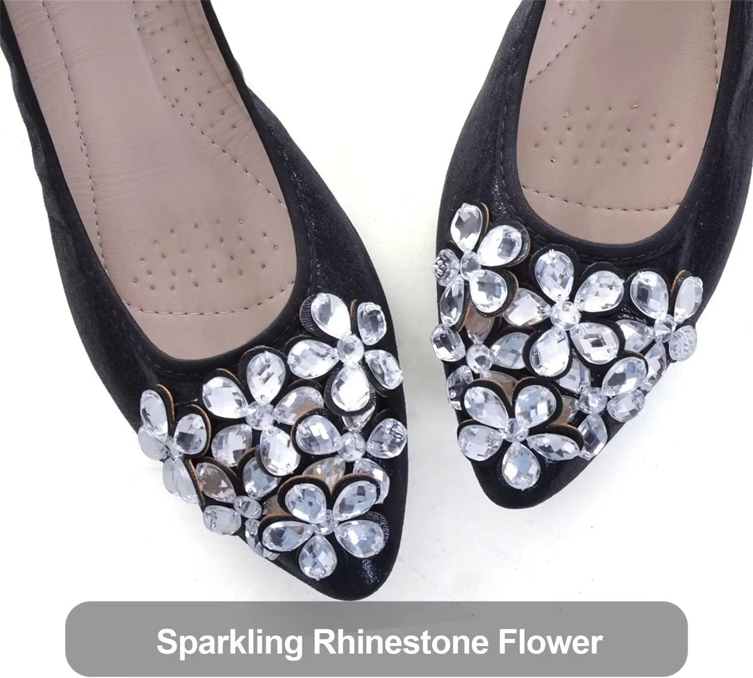 Hee grand Women Foldable Ballet Flats Bling Rhinestones Soft Leather Pointy Toe Flats Sparkle Wedding Dress Shoes Comfort Slip on Loafers Big Size