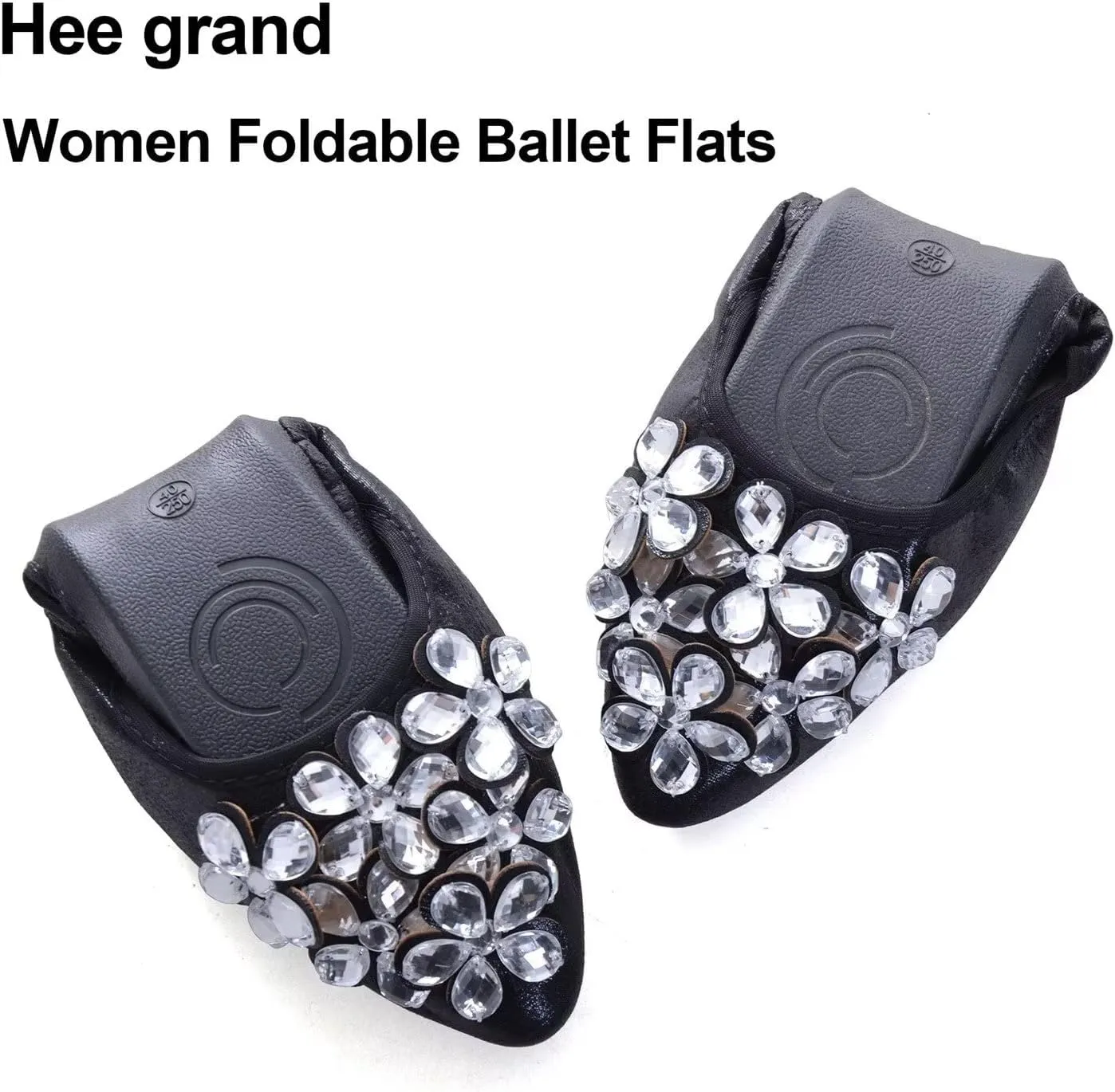 Hee grand Women Foldable Ballet Flats Bling Rhinestones Soft Leather Pointy Toe Flats Sparkle Wedding Dress Shoes Comfort Slip on Loafers Big Size