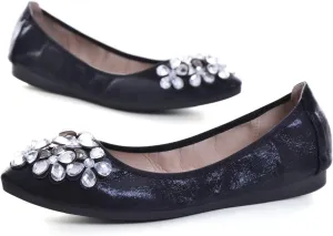 Hee grand Women Foldable Ballet Flats Bling Rhinestones Soft Leather Pointy Toe Flats Sparkle Wedding Dress Shoes Comfort Slip on Loafers Big Size