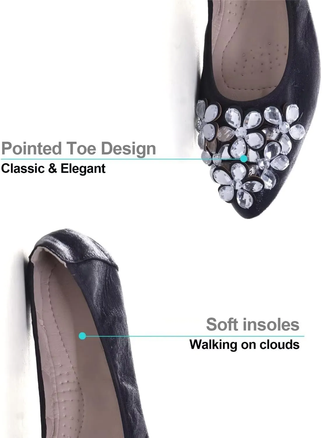 Hee grand Women Foldable Ballet Flats Bling Rhinestones Soft Leather Pointy Toe Flats Sparkle Wedding Dress Shoes Comfort Slip on Loafers Big Size