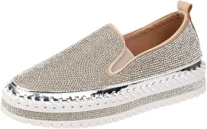 HINDOLA Women's Sparkly Fashion Sneakers Shiny Rhinestone Slip on Flatform Loafers Low Top Bling Casual Walking Shoes