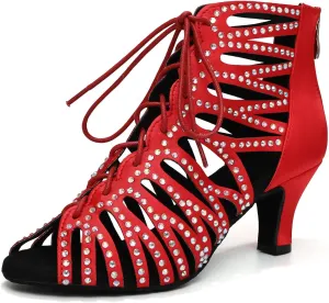 HIPPOSEUS Women's Rhinestone Latin Dance Boots Lace up Ballroom Salsa Dancing Booties