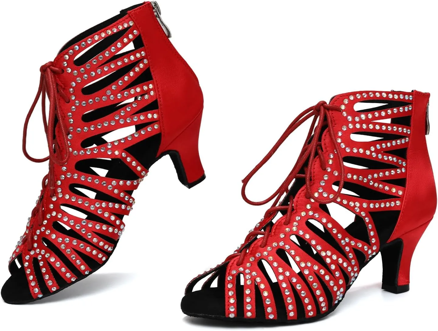 HIPPOSEUS Women's Rhinestone Latin Dance Boots Lace up Ballroom Salsa Dancing Booties