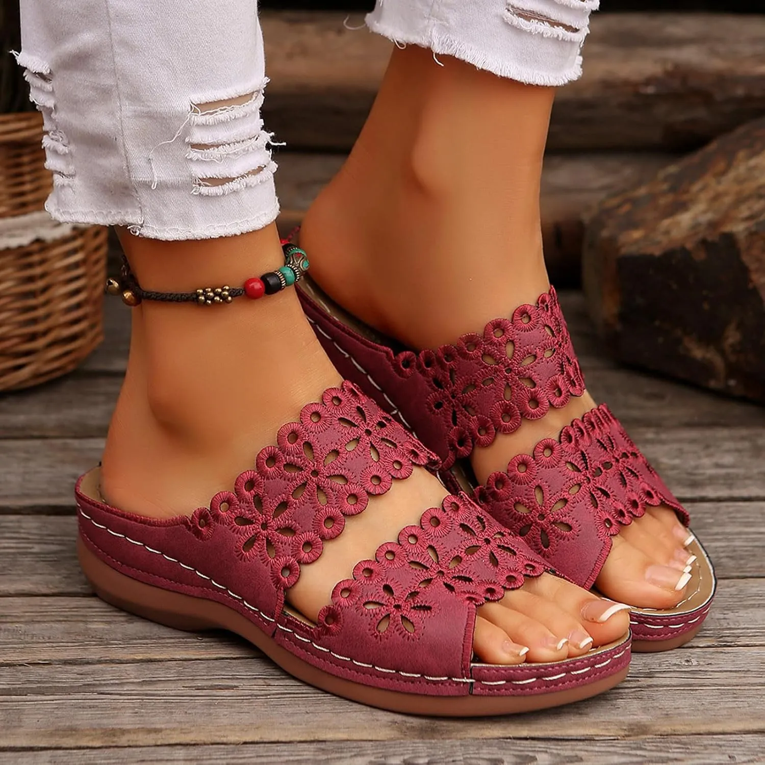 Hollow Sandals for Women 2025 Bohemian Slides Comfortable Arch Support Slip on Boho Beach Slippers