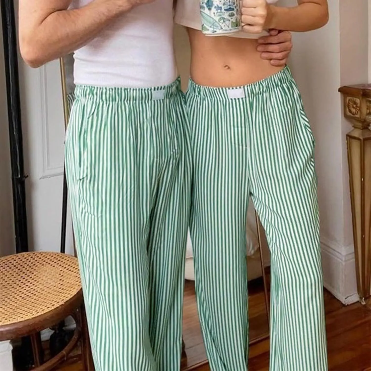 HOXIJIA Women Casual Striped Print Long Pants Elastic High Waist Loose Fit Straight Wide Leg Trousers Y2K Streetwear