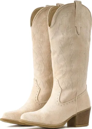 IUV Suede Cowboy Boots for women- Western Pointed Toe, Mid Calf Pull-On Boots