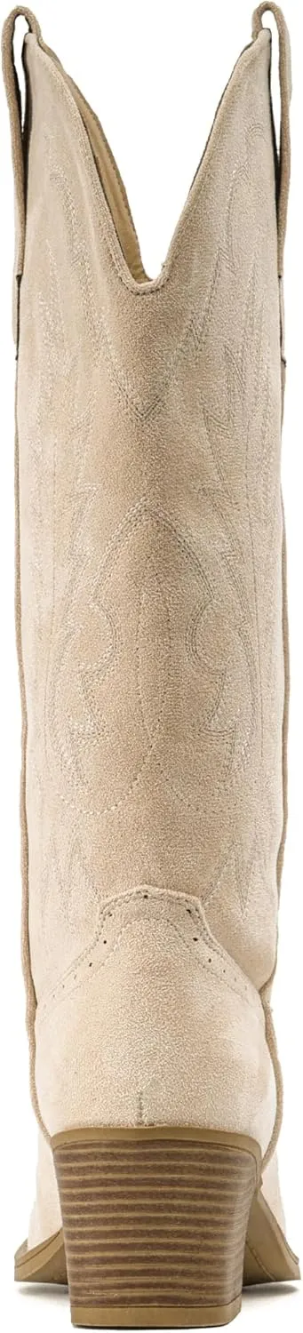 IUV Suede Cowboy Boots for women- Western Pointed Toe, Mid Calf Pull-On Boots