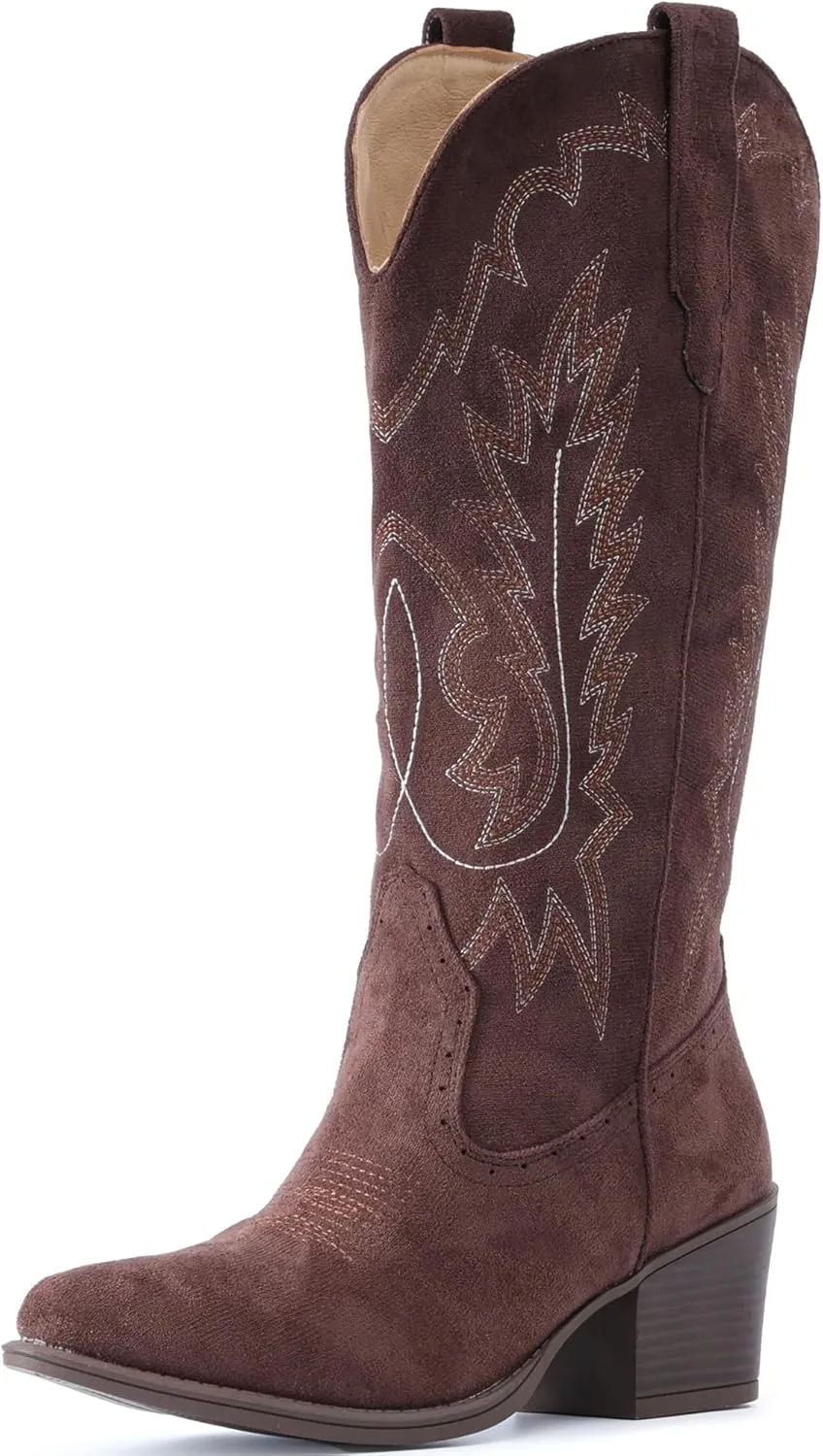 IUV Suede Cowboy Boots for women- Western Pointed Toe, Mid Calf Pull-On Boots