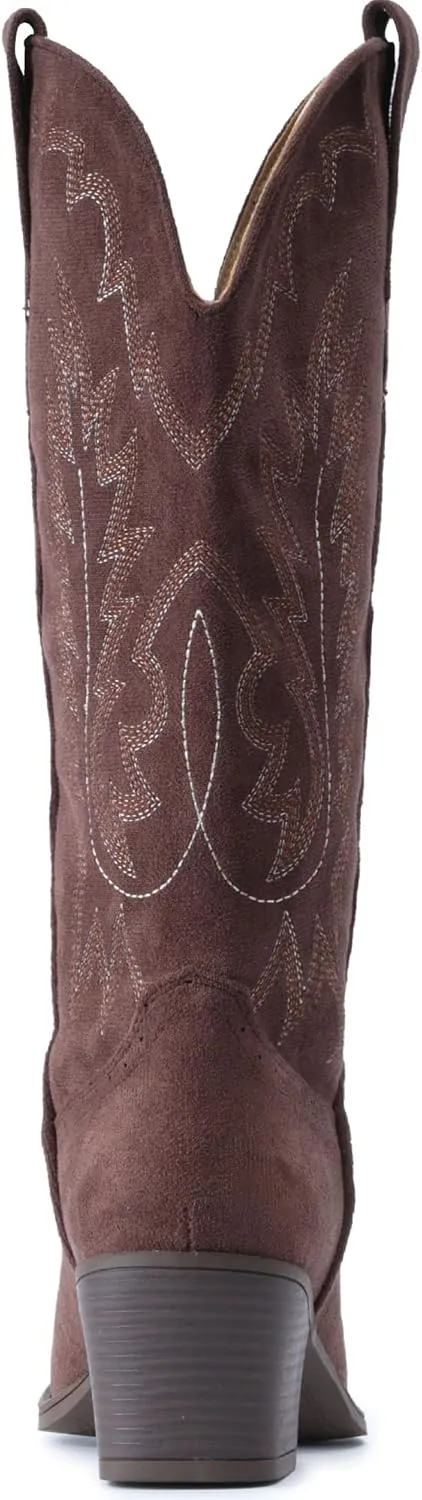 IUV Suede Cowboy Boots for women- Western Pointed Toe, Mid Calf Pull-On Boots