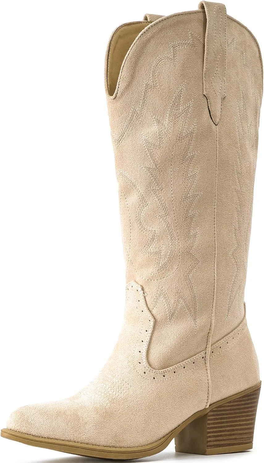 IUV Suede Cowboy Boots for women- Western Pointed Toe, Mid Calf Pull-On Boots
