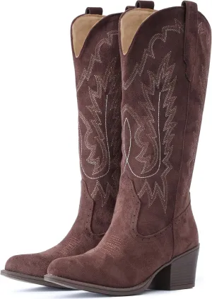 IUV Suede Cowboy Boots for women- Western Pointed Toe, Mid Calf Pull-On Boots
