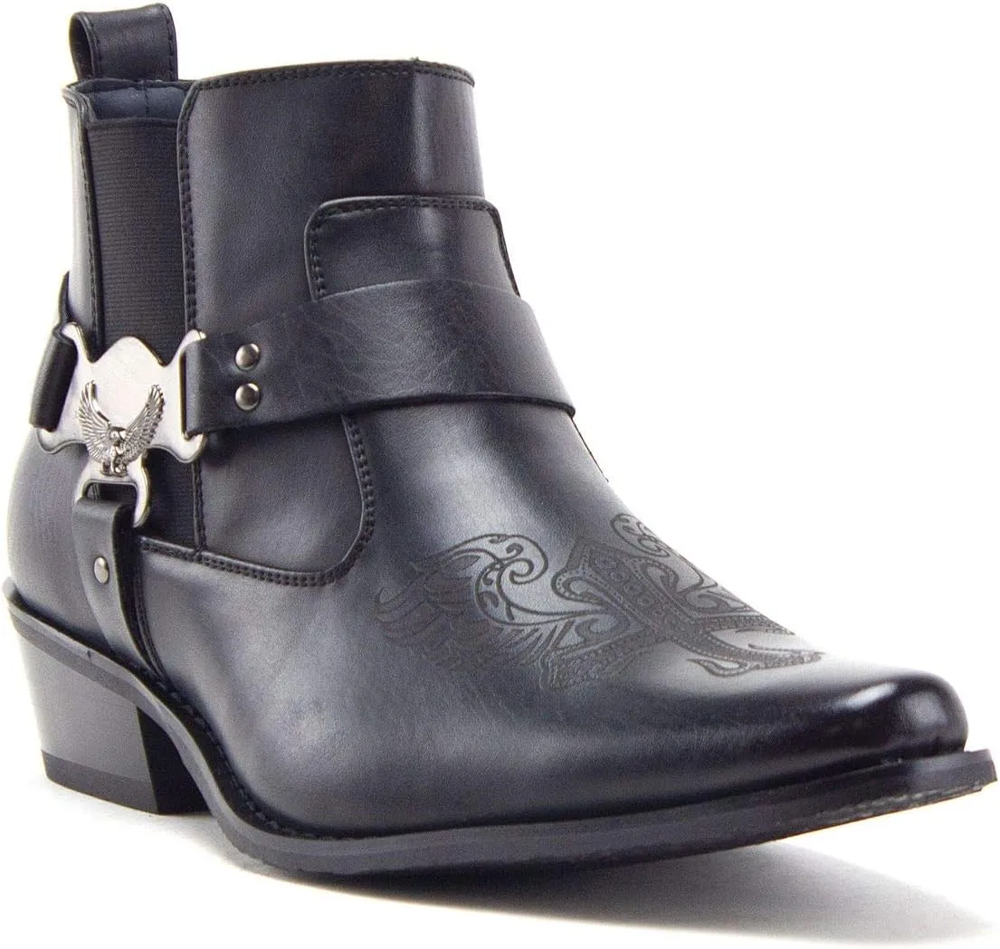 Jazame Cowboy Boots for Men Western Style Ankle High Motorcycle Riding Pointy Toe Moto Dress Boots men's western boots Buckle Design Botas