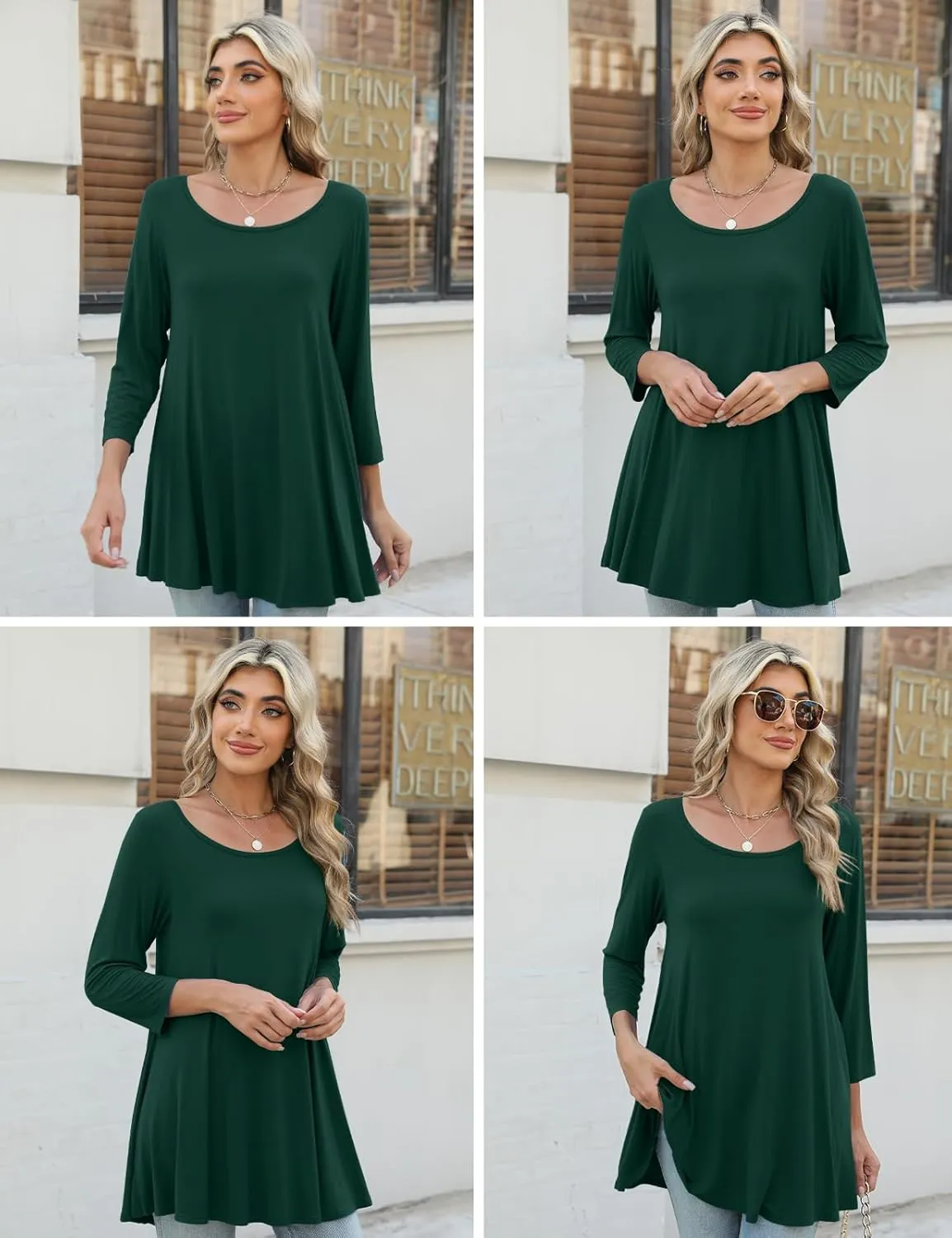 JollieLovin Womens 3/4 Sleeve Loose Fit Swing Tunic Tops Basic T Shirt