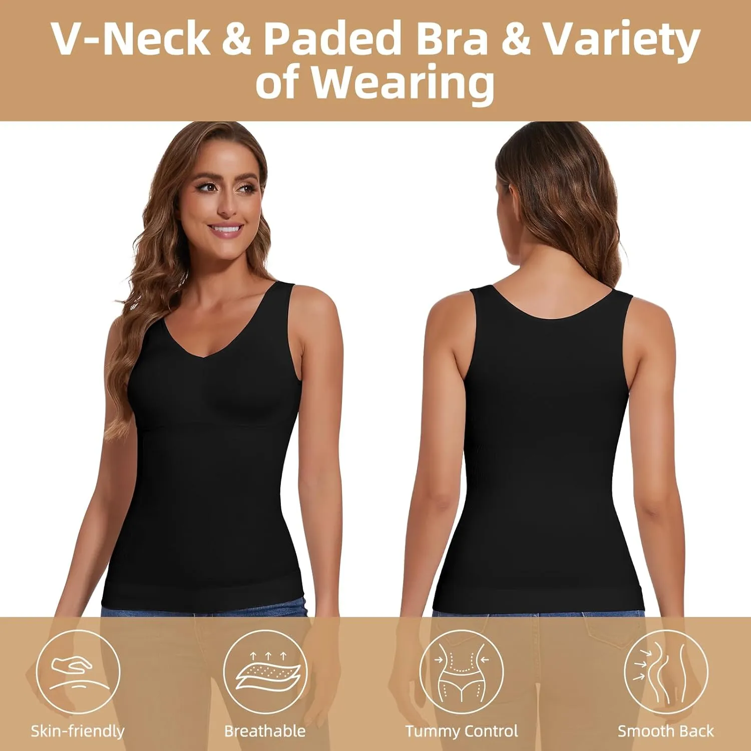 JOYSHAPER Women's Shapewear Tank Tops Padded Bra Shapewear V-Neck Tummy Control Shapewear Camisole
