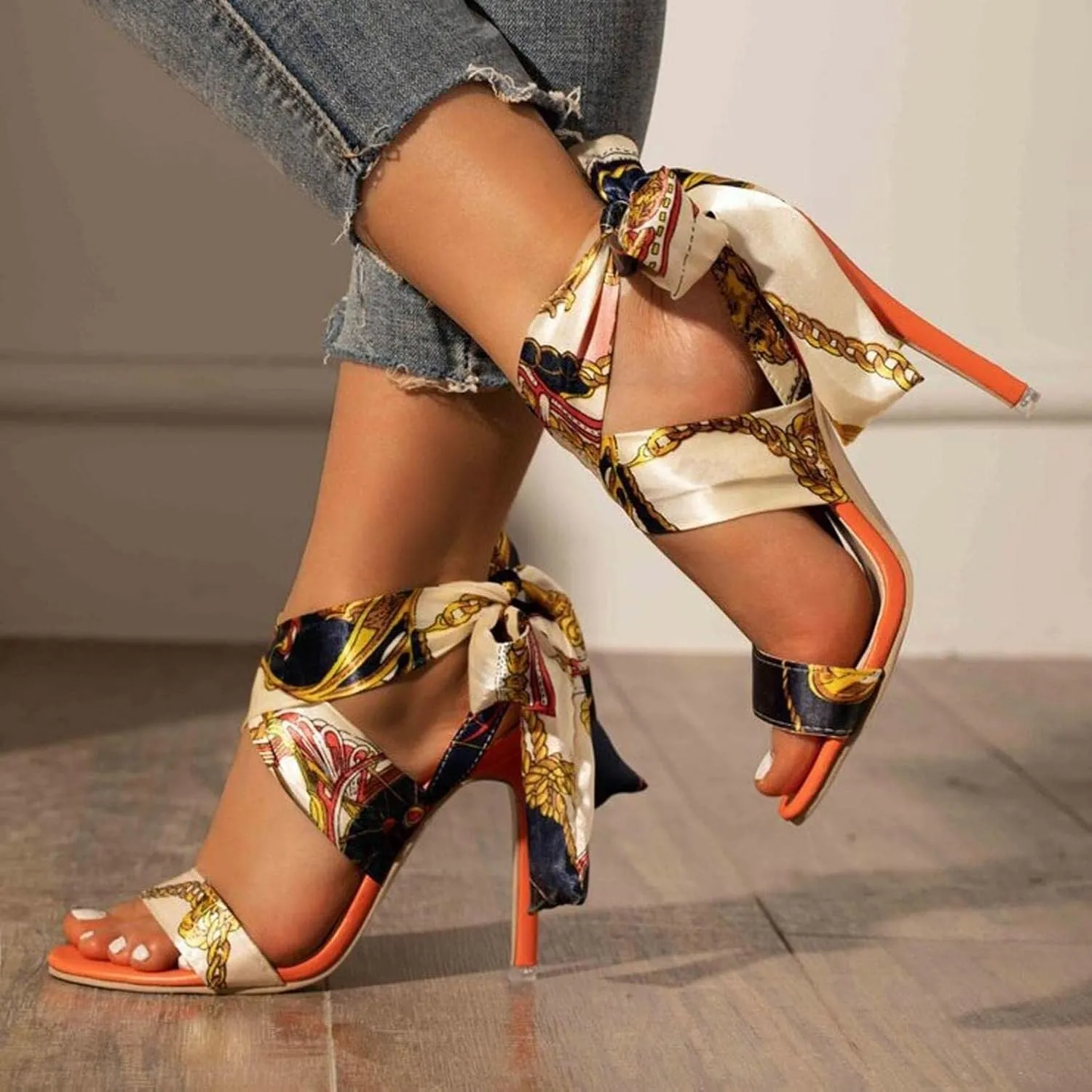 Lace-up High Heels Gladiator Sandals for Women Casual Summer, Women's Roman Style Cloth Tie up Stiletto Heels, Trendy Sexy Strappy Peep Toe High Heel Sandals