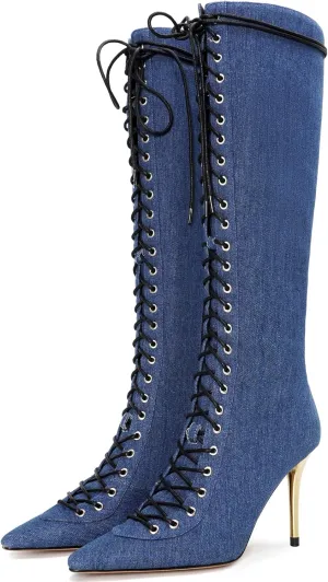Lace Up Knee High Boots for Women, Stiletto High Heel Pointed Toe long Boots Side Zipper Tall Boots