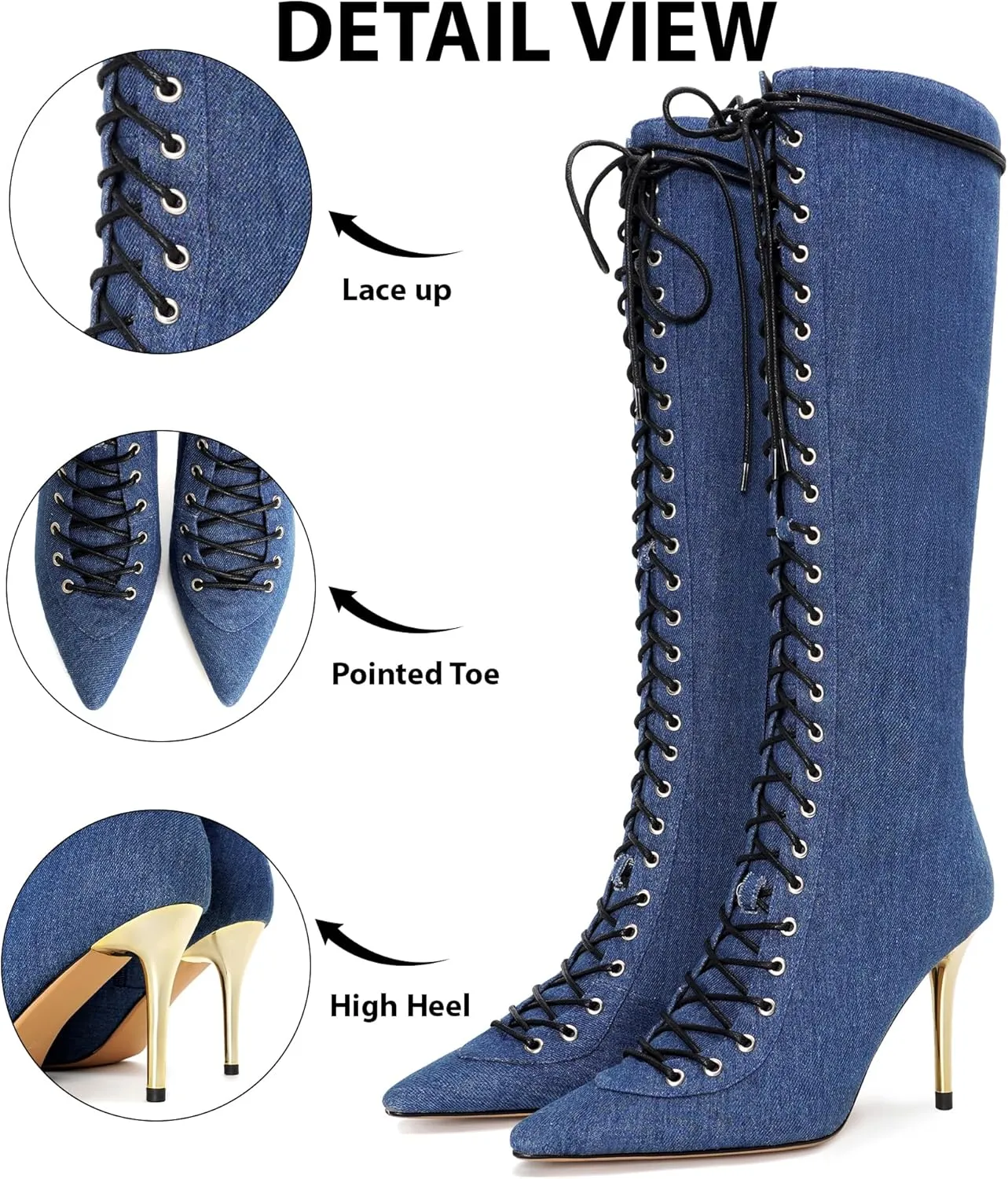 Lace Up Knee High Boots for Women, Stiletto High Heel Pointed Toe long Boots Side Zipper Tall Boots