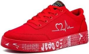 Ladies Vulcanized Sneakers Lace Up Breathable Canvas Couple Shoes Graffiti Flats (Color : Red, Size : 6.5)