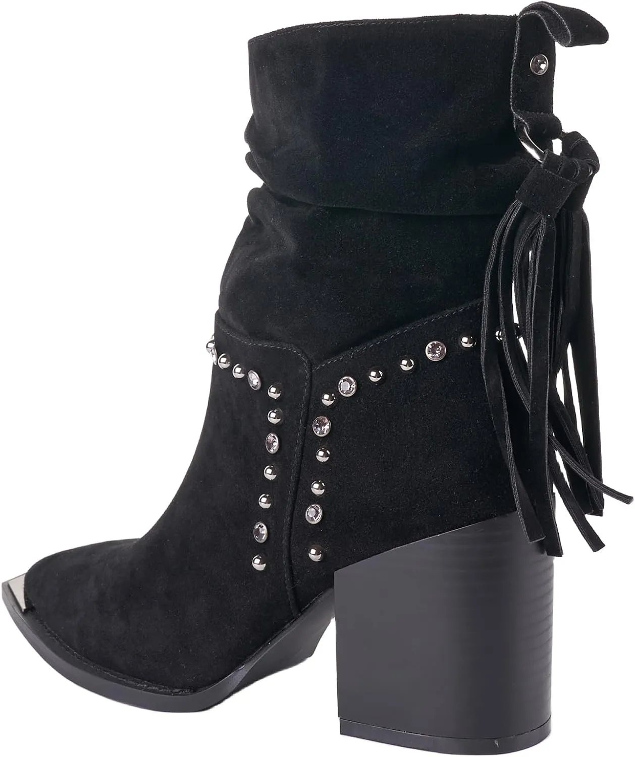 LALA IKAI Women's Fringe Ankle Boots Chunky Block Heel Studded Suede Booties Shoes With Rhinestones