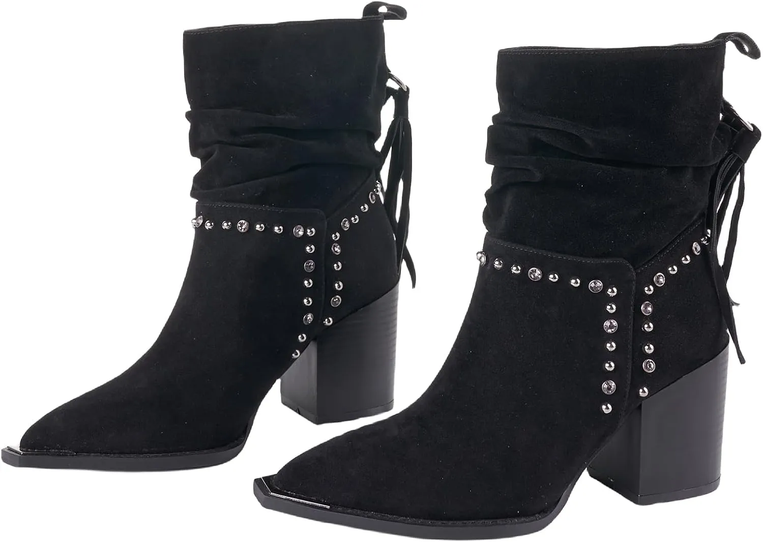 LALA IKAI Women's Fringe Ankle Boots Chunky Block Heel Studded Suede Booties Shoes With Rhinestones