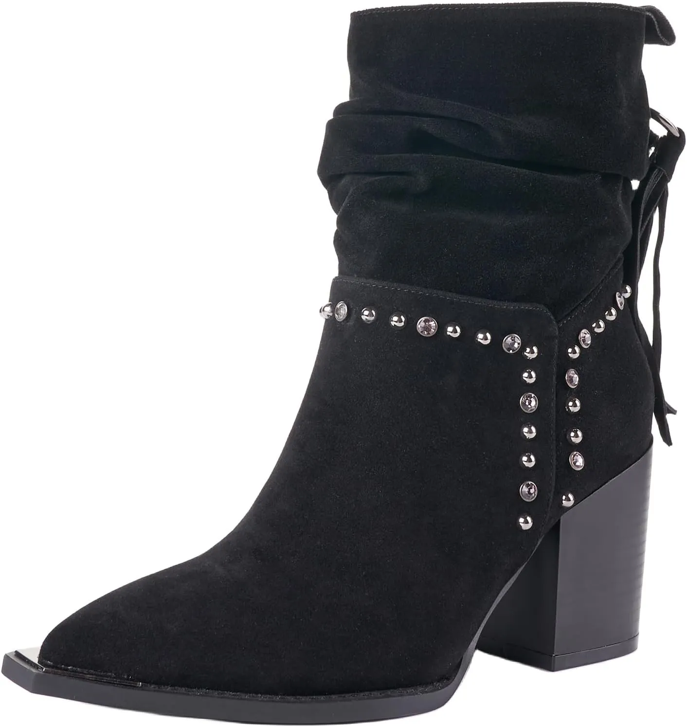 LALA IKAI Women's Fringe Ankle Boots Chunky Block Heel Studded Suede Booties Shoes With Rhinestones