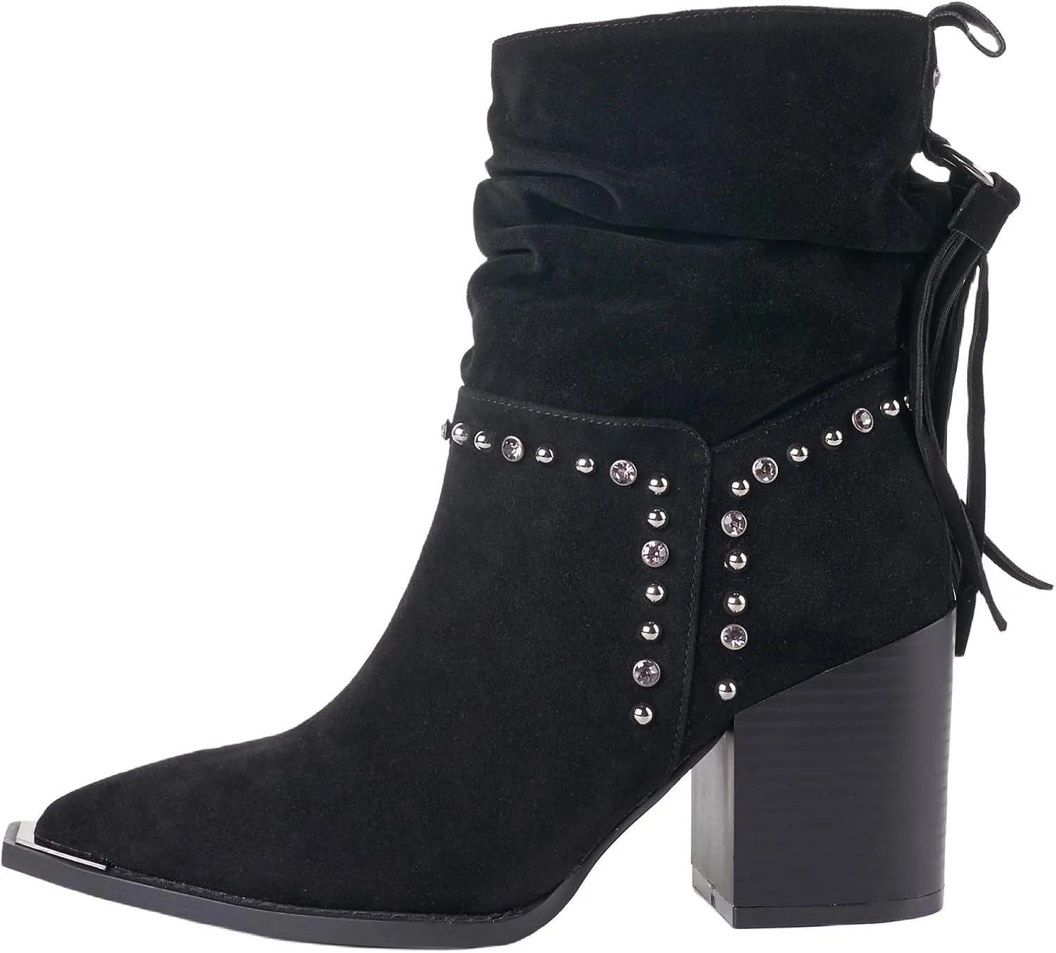 LALA IKAI Women's Fringe Ankle Boots Chunky Block Heel Studded Suede Booties Shoes With Rhinestones