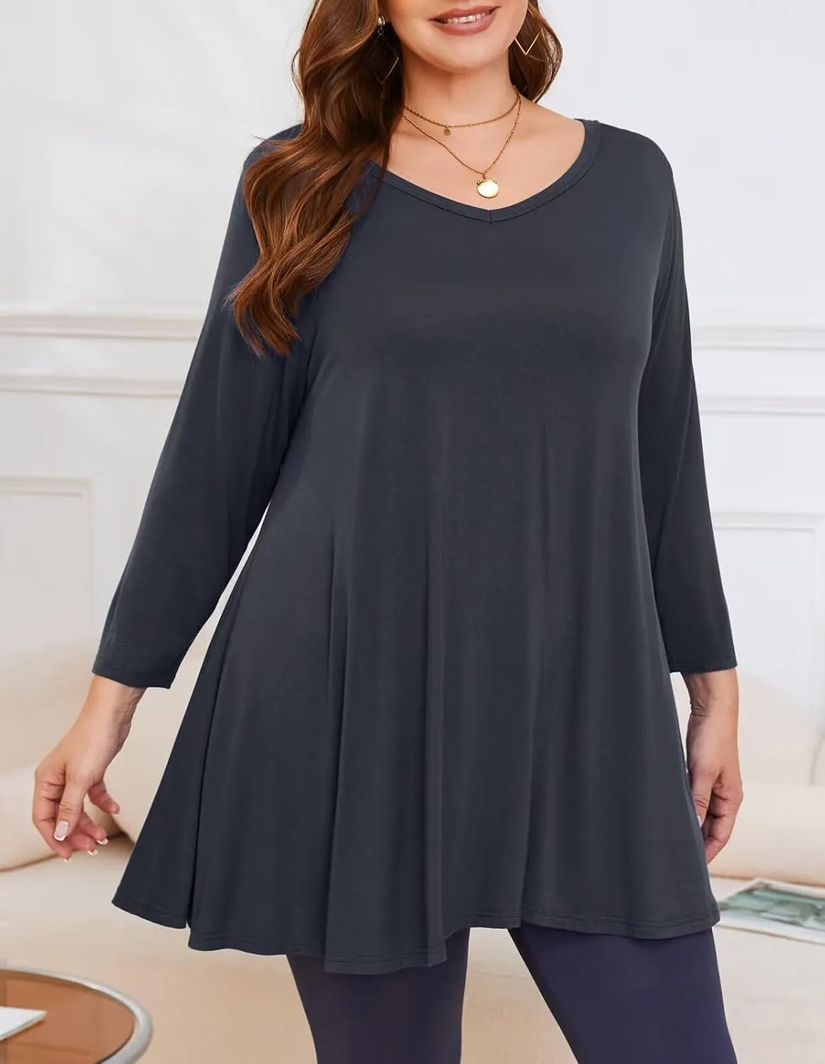 LARACE Tunics 3/4 Sleeve Plus Size Tops for Women V Neck Loose Fit Flowy Clothing for Leggings