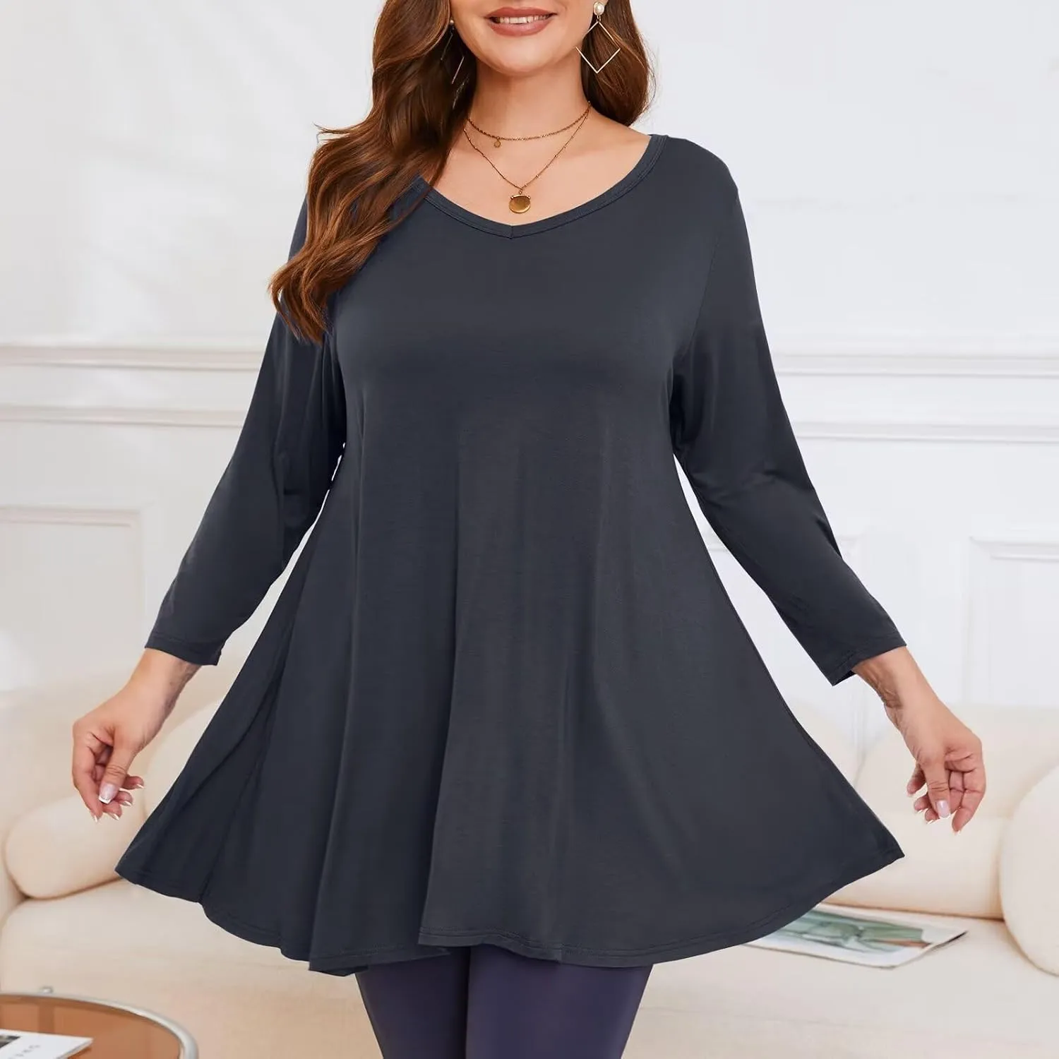 LARACE Tunics 3/4 Sleeve Plus Size Tops for Women V Neck Loose Fit Flowy Clothing for Leggings