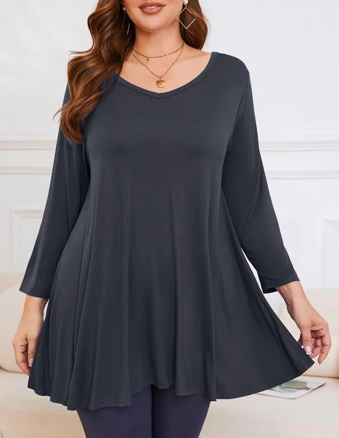 LARACE Tunics 3/4 Sleeve Plus Size Tops for Women V Neck Loose Fit Flowy Clothing for Leggings