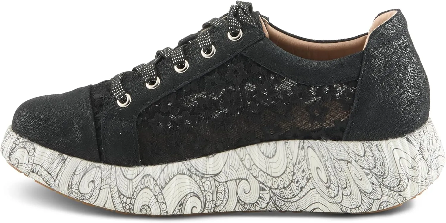 L'Artiste Women's SNEAKHEART Lace-Up Sneakers – Metallic Floral Embroidery, Breathable Mesh, Removable Insole, Street-Chic Design