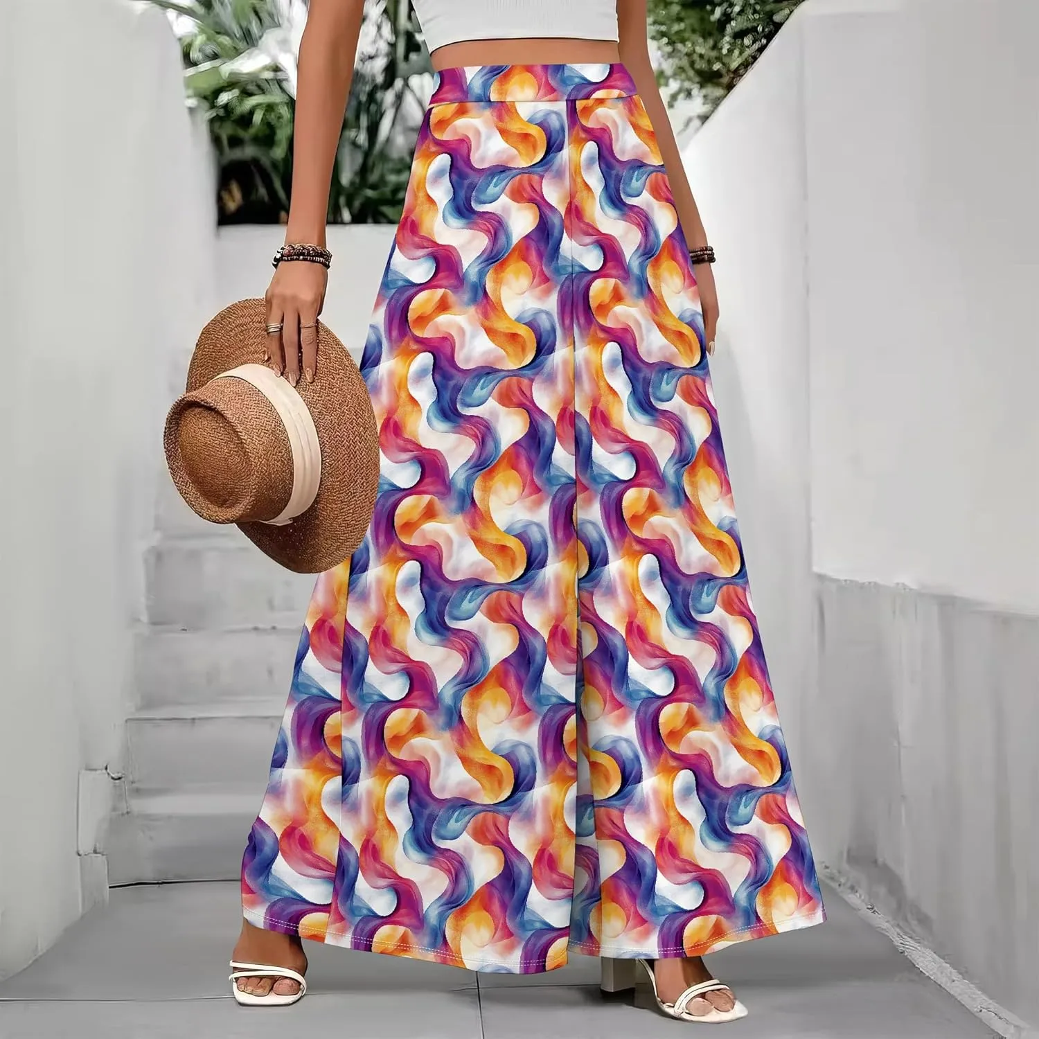LOAIHA Women's Palazzo Pants High Waist Wide Leg Pants Artistic Loose Trousers Casual Summer Holiday Loose Fit Trousers