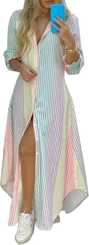 MAYRAIN Womens Summer Open Front Long Dress Casual Button Down Fitted Dresses Long Sleeve Blouse Print Maxi Dress