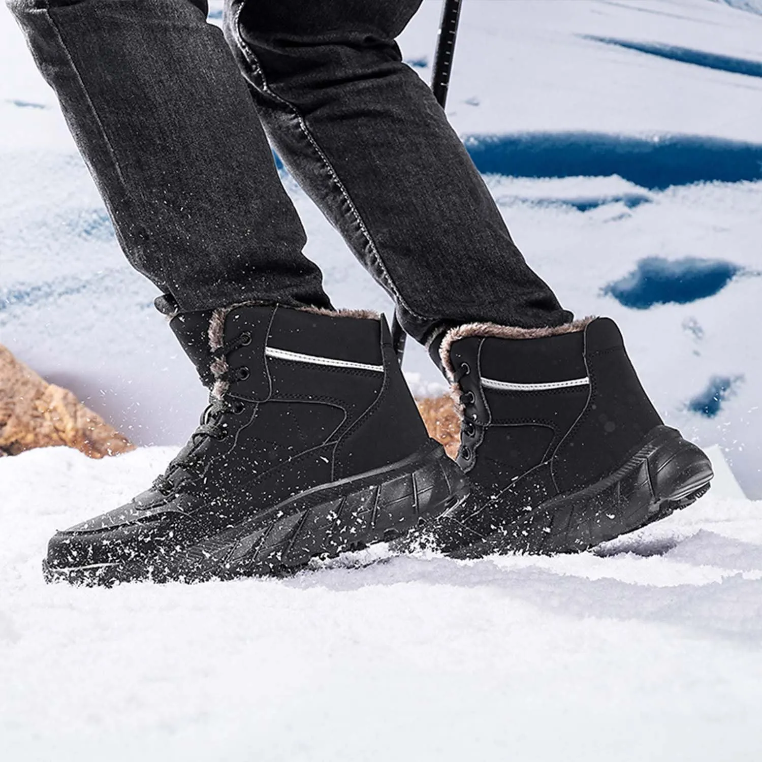 MEBAMY Men's Snow Boots Lightweight Black Hiking Winter Boots Fur Lined Anti-slip Cold Weather Shoes Furry Outdoor Snow Boot