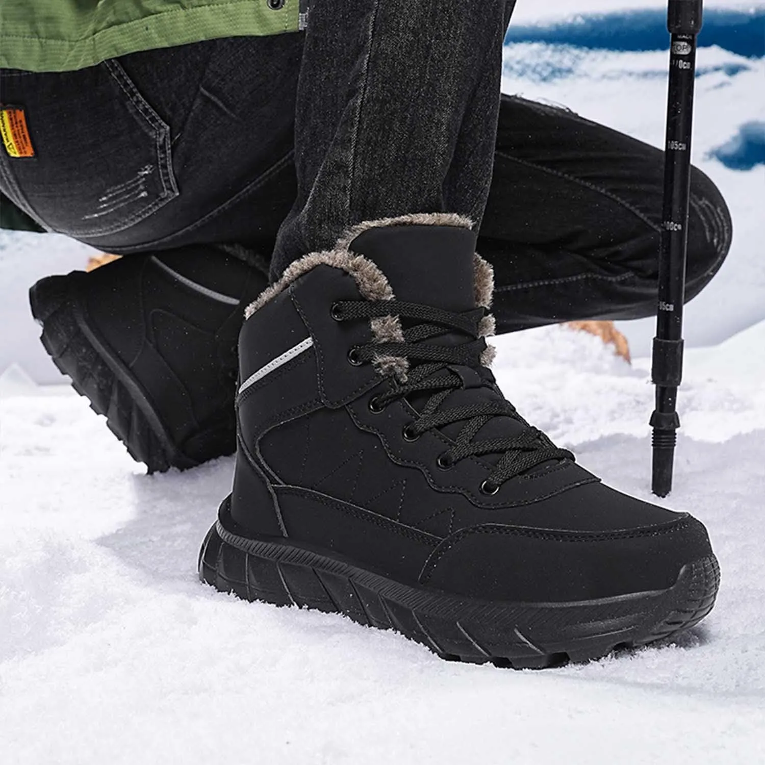MEBAMY Men's Snow Boots Lightweight Black Hiking Winter Boots Fur Lined Anti-slip Cold Weather Shoes Furry Outdoor Snow Boot