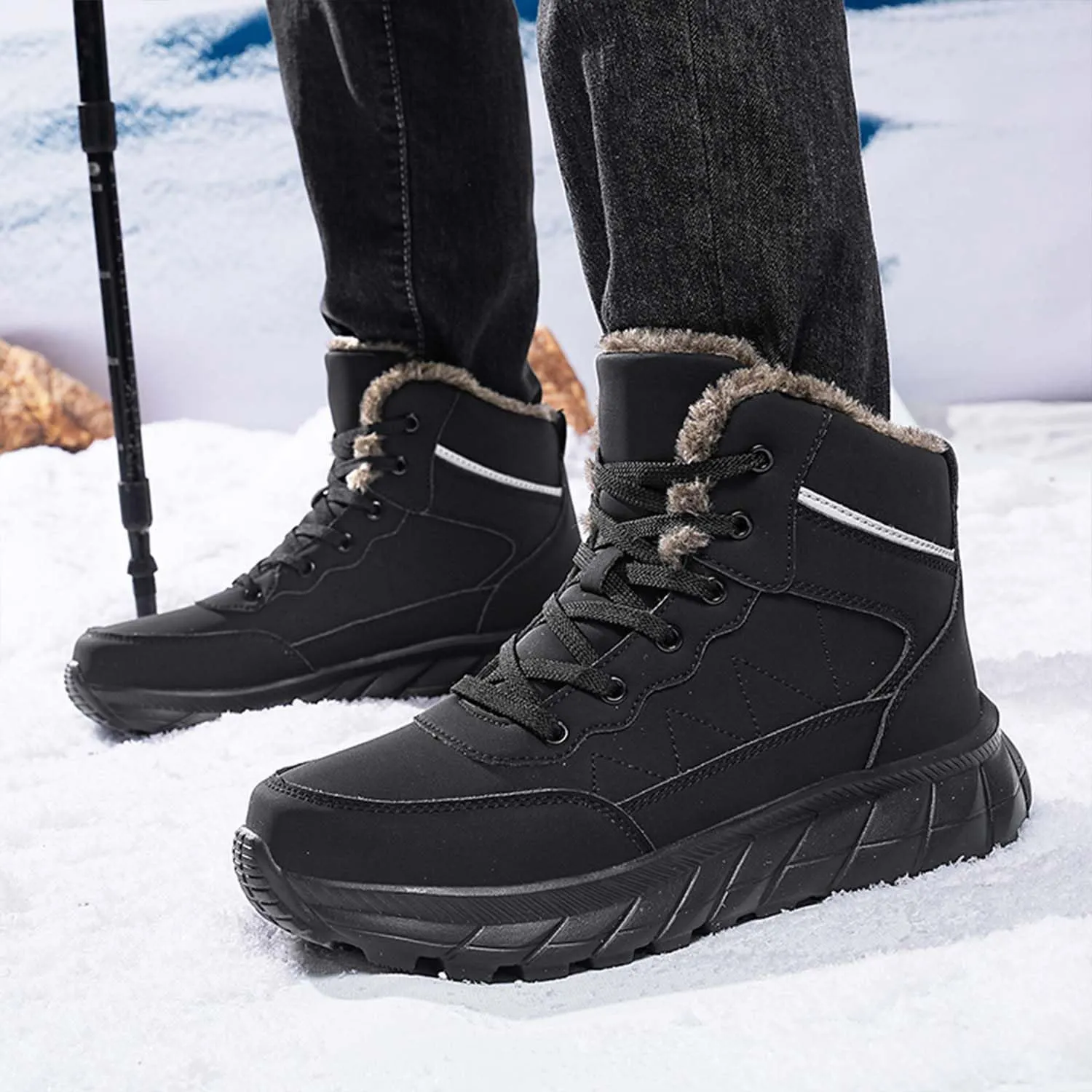 MEBAMY Men's Snow Boots Lightweight Black Hiking Winter Boots Fur Lined Anti-slip Cold Weather Shoes Furry Outdoor Snow Boot