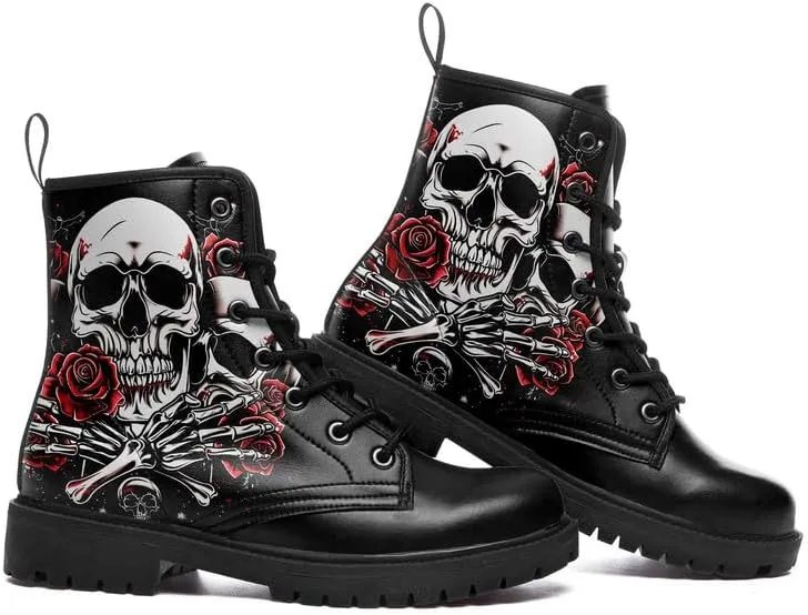 Men's Gothic Skull Combat Boots Punk Rock Fashion Lace Up Ankle Booties for Women Lightweight Leather Winter Shoes