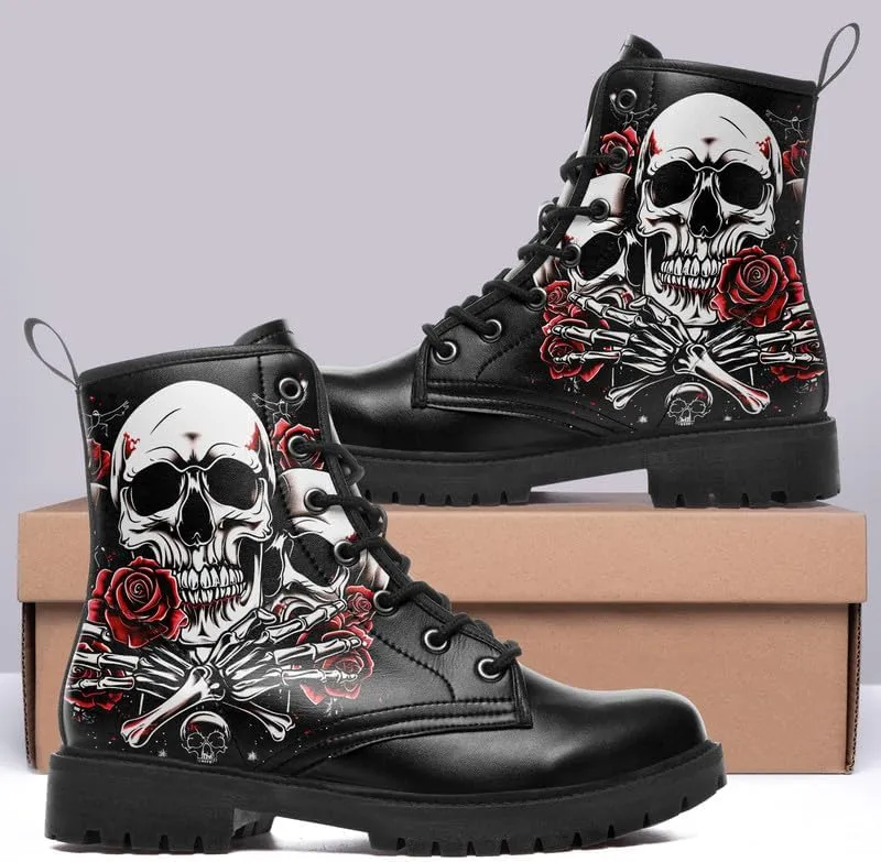 Men's Gothic Skull Combat Boots Punk Rock Fashion Lace Up Ankle Booties for Women Lightweight Leather Winter Shoes