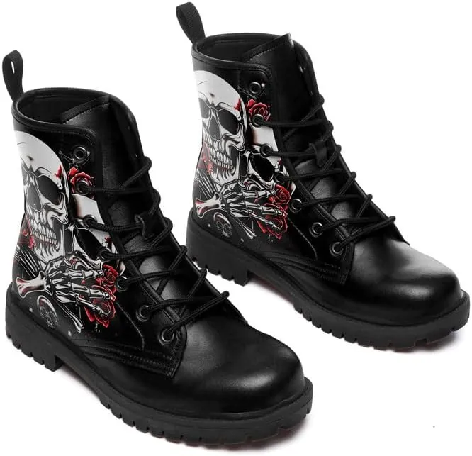 Men's Gothic Skull Combat Boots Punk Rock Fashion Lace Up Ankle Booties for Women Lightweight Leather Winter Shoes