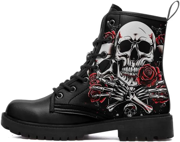 Men's Gothic Skull Combat Boots Punk Rock Fashion Lace Up Ankle Booties for Women Lightweight Leather Winter Shoes