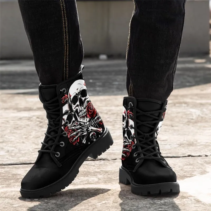 Men's Gothic Skull Combat Boots Punk Rock Fashion Lace Up Ankle Booties for Women Lightweight Leather Winter Shoes