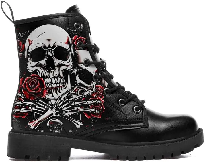 Men's Gothic Skull Combat Boots Punk Rock Fashion Lace Up Ankle Booties for Women Lightweight Leather Winter Shoes
