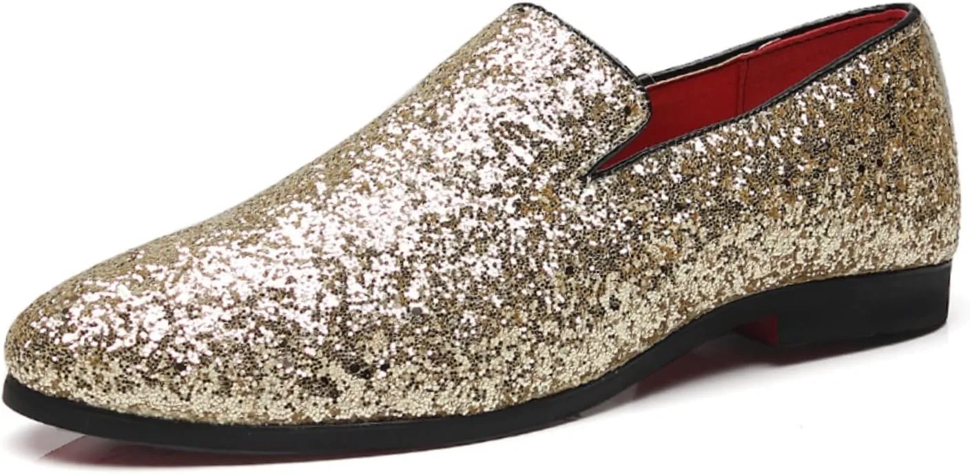 Men's Leather Round Toe Sequined Loafers Slip-On Glitter Fashion Sparkly Casual Shoes Dress Shoes for Prom Party Dating