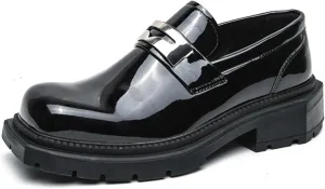 Men's Patent Leather Square Toe Platform Loafers Classic Slip-on Comfort Anti-Slip Lug Sole Low Chunky Heel Gothic Loafers for Business Work Driving Dress Casual Shoes