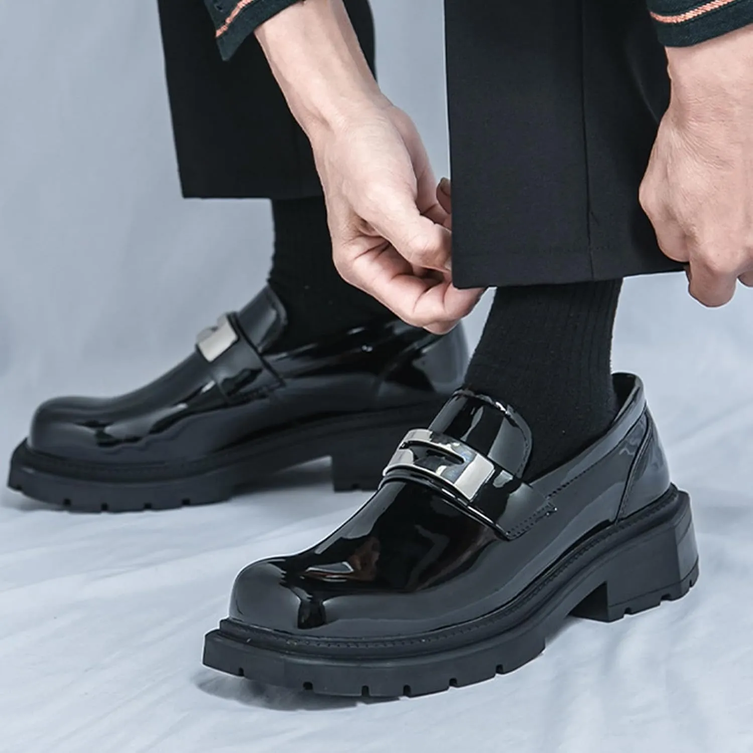 Men's Patent Leather Square Toe Platform Loafers Classic Slip-on Comfort Anti-Slip Lug Sole Low Chunky Heel Gothic Loafers for Business Work Driving Dress Casual Shoes